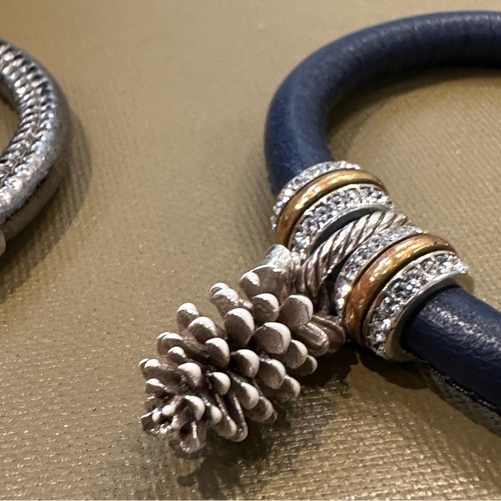 Brighton Woodstock Navy Bracelet Pinecone Charm Crystal Ring Set Large 7.75” - Picture 4 of 7